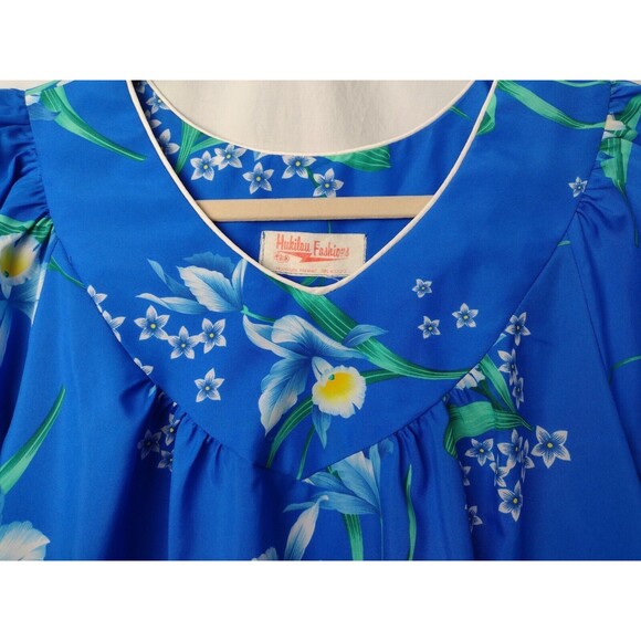 Hukilau Fashions Womens Mumu Tropical Hawaiian Dress Vibrant Blue Floral L Vtg - Picture 2 of 16